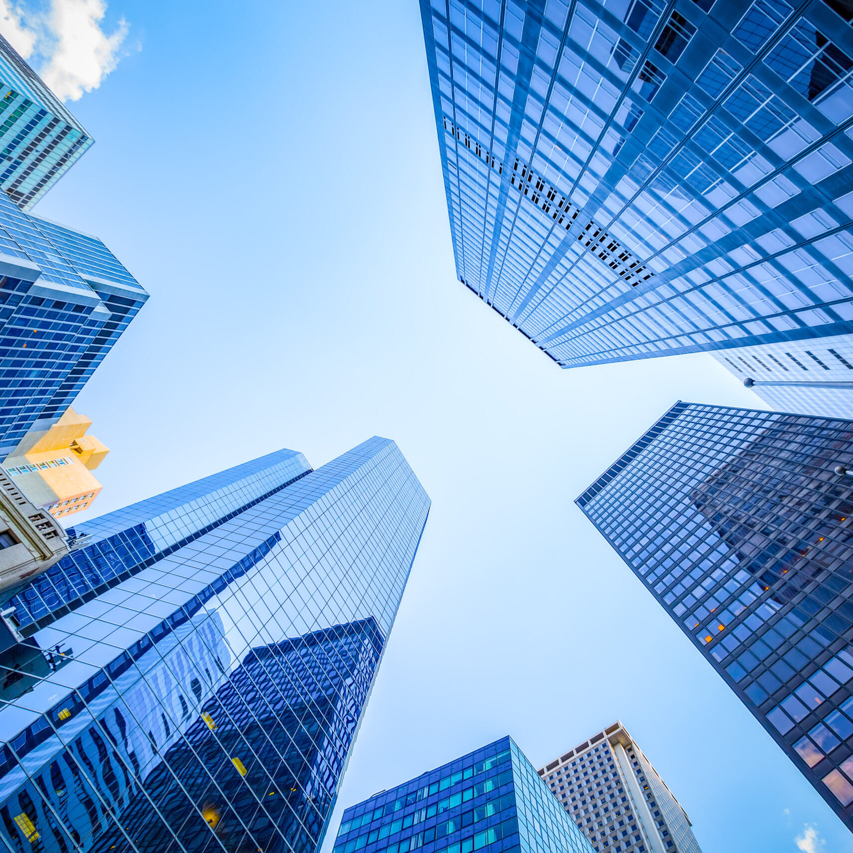 Up view in financial district, Manhattan, New York